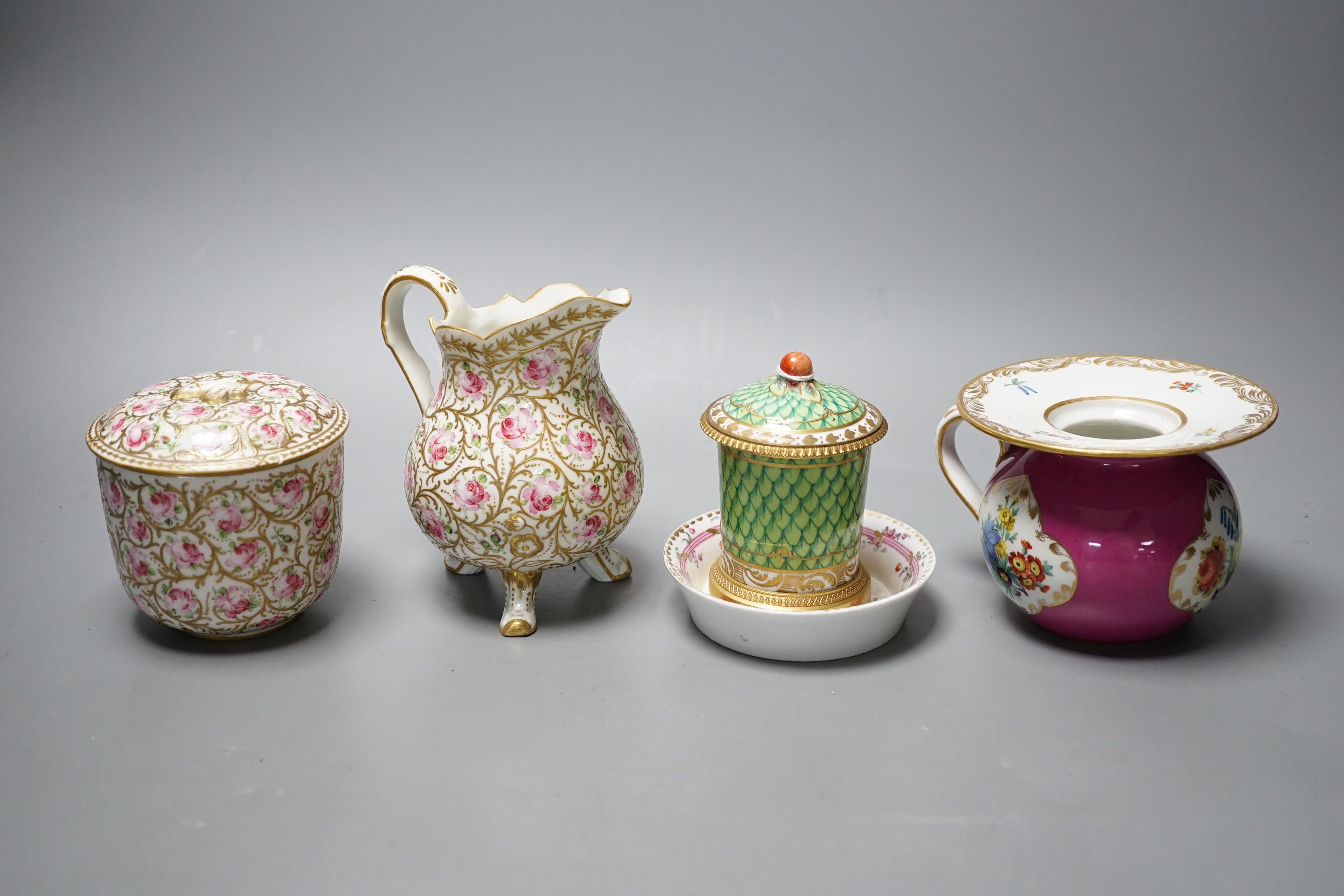 A Vienna porcelain small spittoon, early 19th century, a Sevres style jug, sucrier and pot and a Rudolstadt dish